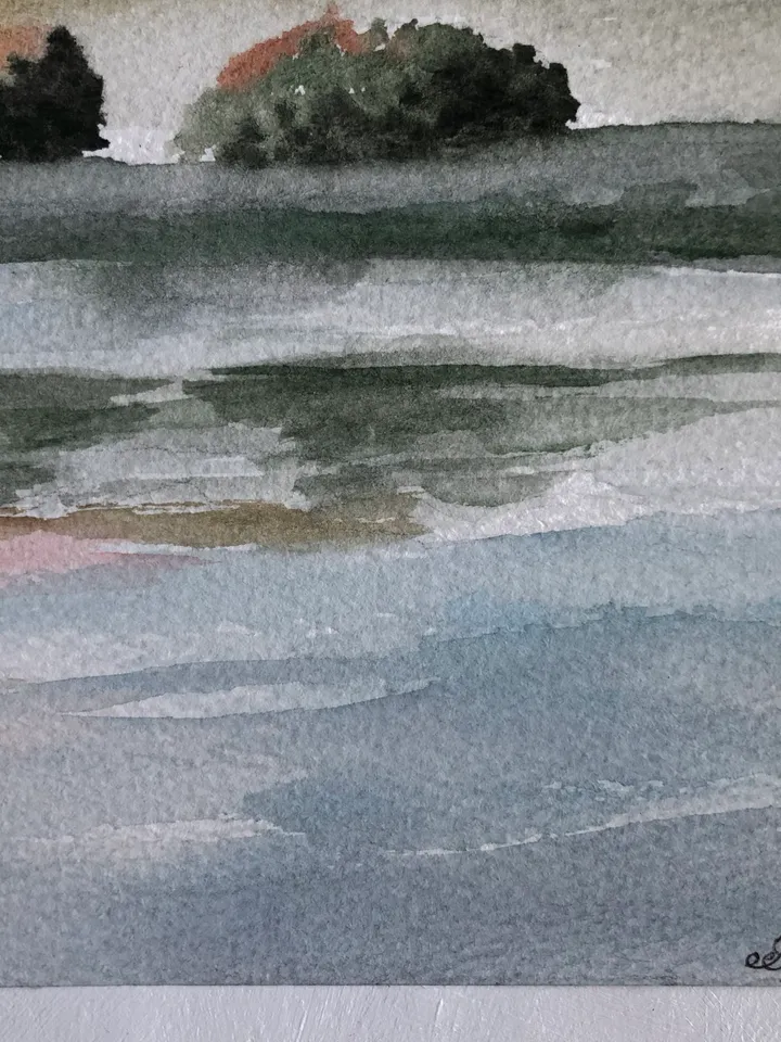 Sunset over the river landscape original watercolour painting wall art hand painted
