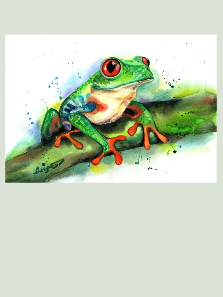 Green frog Original watercolor, frog painting, wall decor, 8x11 in handmade art by Anne Gorywine