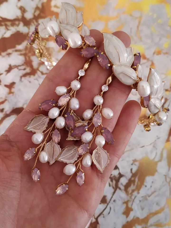 Freshwater pearl Purple Opal Wedding Headband and Earrings Jewelry Set, Grecian Style Laurel Bridal Tiara, Gold Wedding Crown, Boho Jewelry