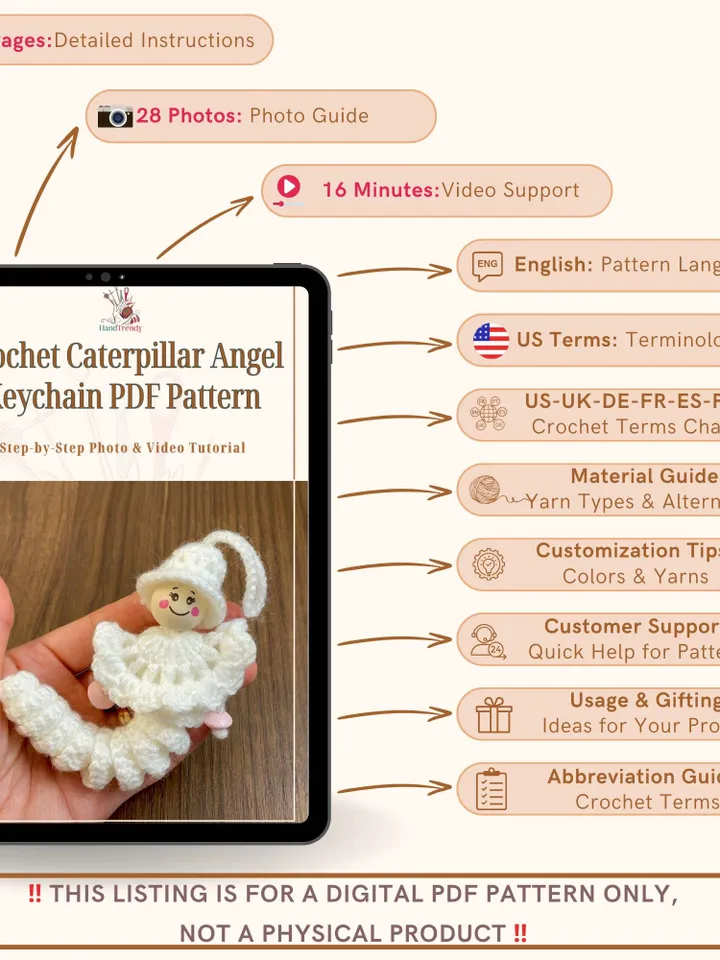 Crochet Caterpillar Angel Keychain PDF Pattern, Amigurumi Bug with Hat & Cape, Cute Guardian Angel Ornament DIY, Handmade Keychain Gift