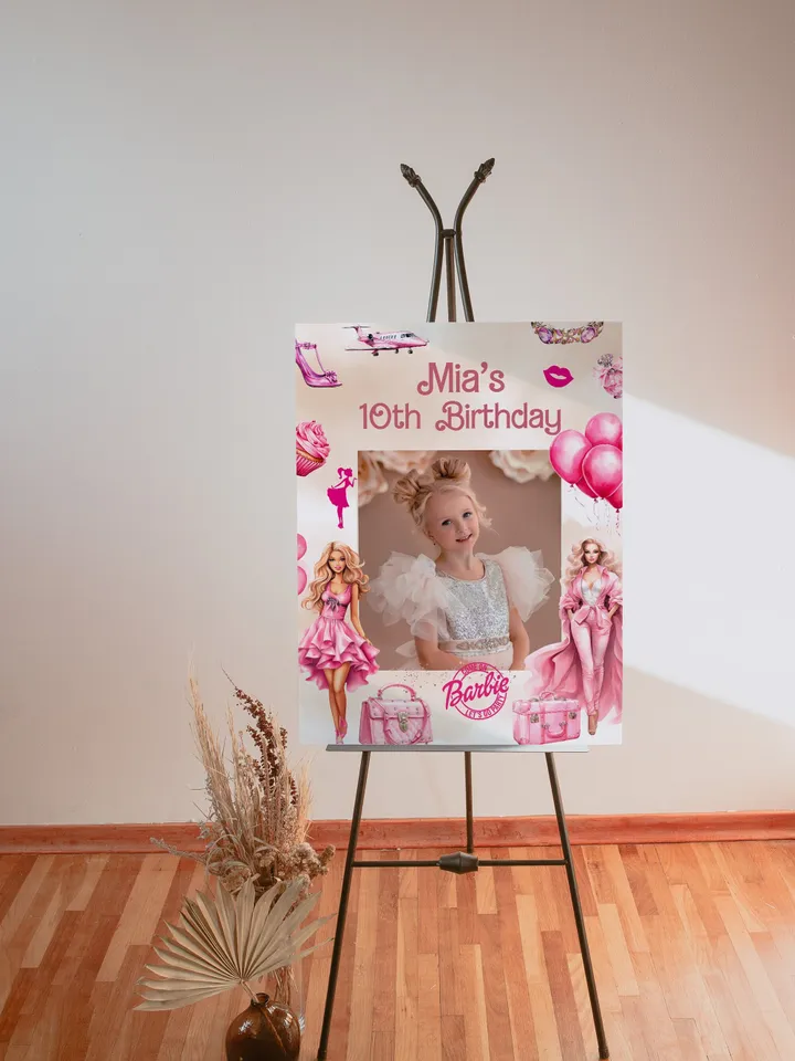 Photoframe banner editable template hot pink doll birthday party template photoprop bar12