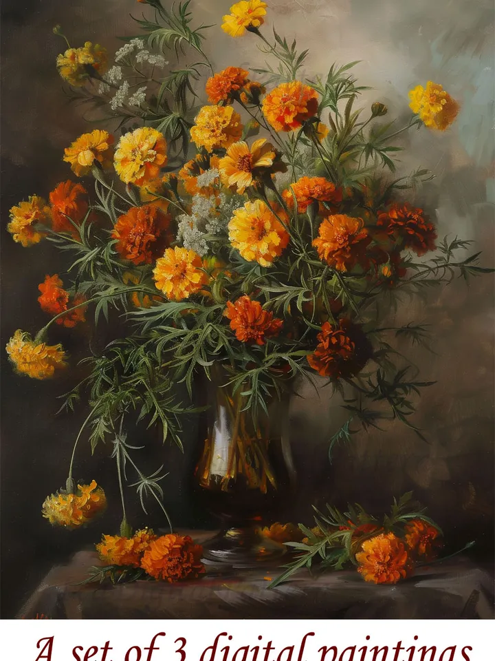 Set of 3 Digital Art Print Vintage Renaissance paintings of roses, daisies and marigold flowers. Wall art. Home Decor. Instant download.