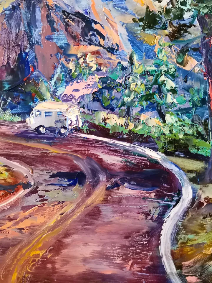 National Parks Trees Mountain Car Road Original Art Oil Painting Artist Svinar Oksana