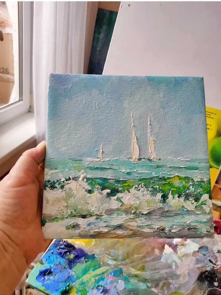 Oil Painting California Seascape Original Artwork Canvas Wall Art Impasto Small Painting 8 by 8 inches