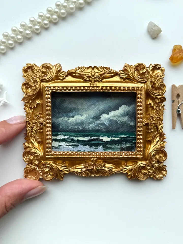 Small Landscape Acrylic Painting Framed Original Stormy Coast Painting Antique Ocean Art Gold Frame Tiny Paintings 3 x 4 Wave Art