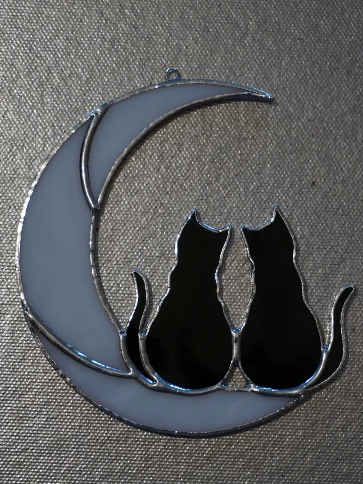 Two Black Cats On The Moon . Stained glass window hanging Suncatcher . Gift for animal lover , pet loss memorial 2