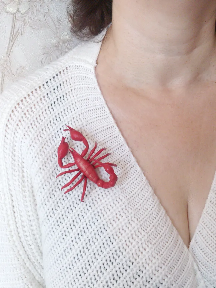Red leather brooch scorpion 3rd anniversary gift for wife, Leather women's jewelry
