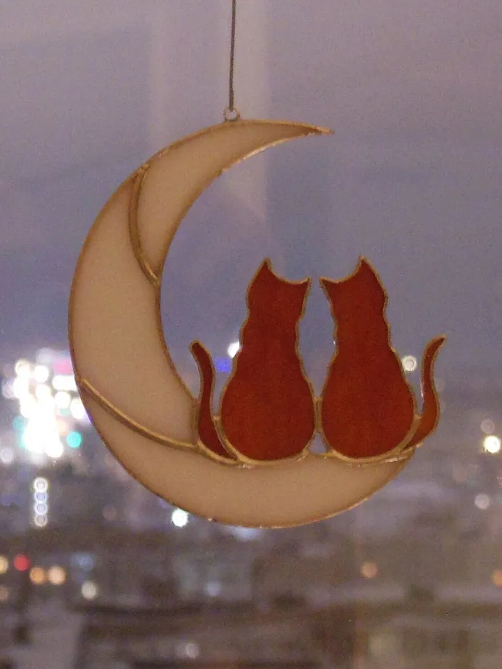 Two Ginger Cats On Moon . Stained glass window hanging Suncatcher . Gift for animal lover , pet loss memorial , orange 2