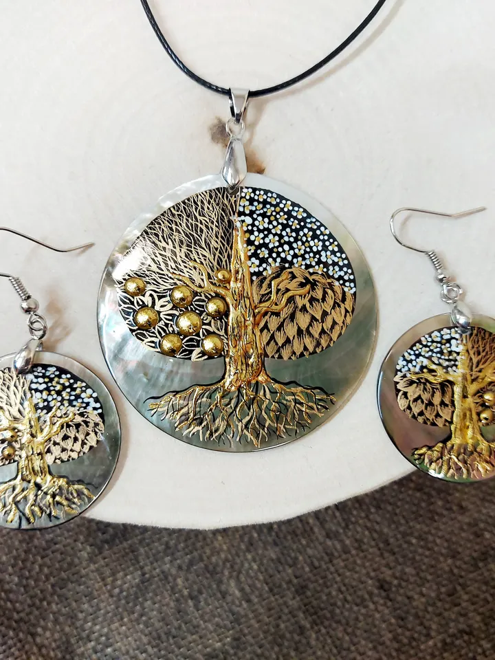 Seasons of Life: Artistic Tree of Life Pendant and Earrings Set - Hand-Painted by Skilled Artisans inspired by Gustav Klimt's Masterpieces
