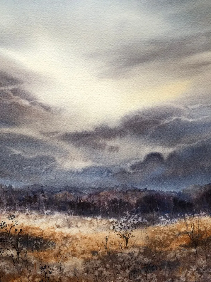 Landscape Watercolor Painting Fields Landscape Meadow Painting