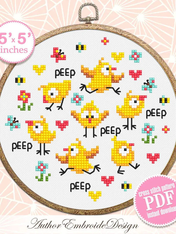 Cute chickens cross stitch pattern PDF download Small bird cross stitch chart, Chicken pattern digital PDF, Easter chicks sampler mini #K63