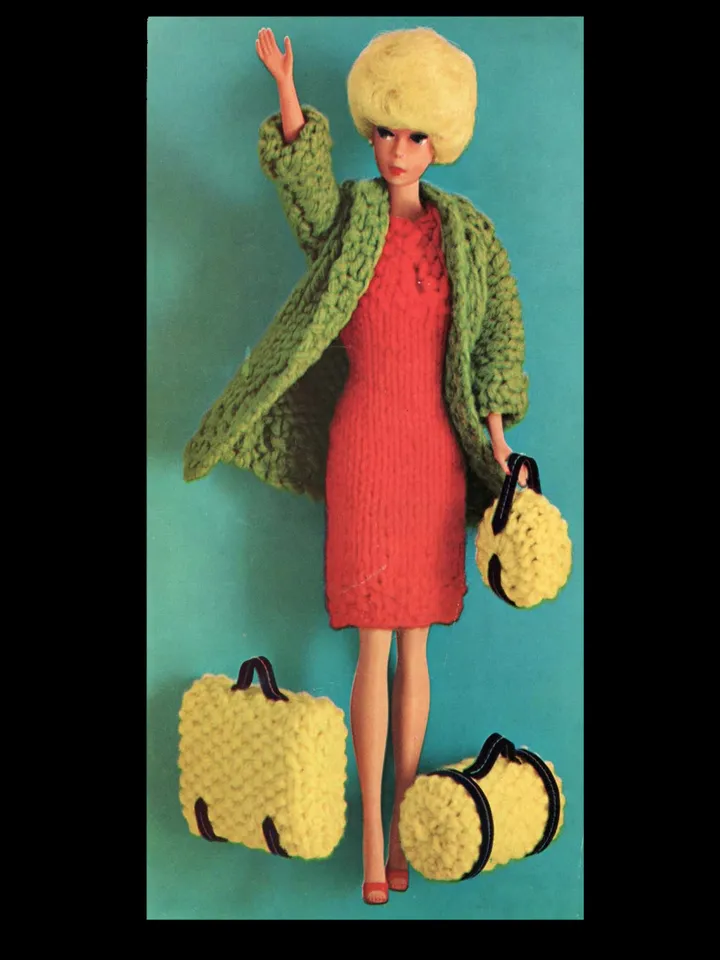 Barbie Travel Coat Dress Luggage Vintage Knitting Pattern PDF Fashion Dolls size 11 1/2 inches Flower Garden Collection