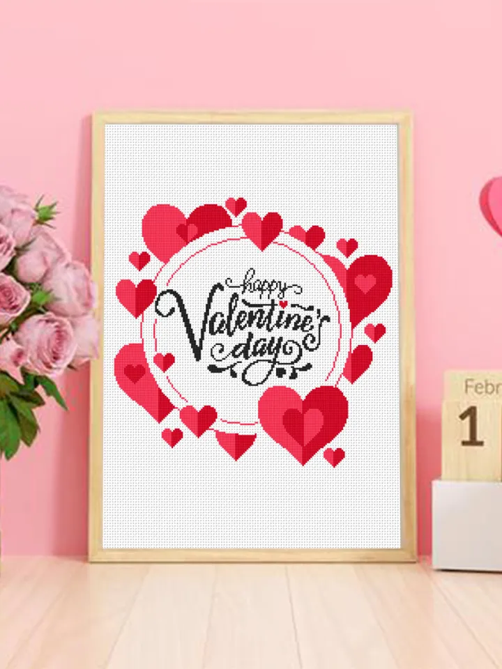 Happy Valentines day cross stitch pattern download PDF, Love quotes cross stitch chart, Cute heart embroidery PDF, Love lettering stitch #V3