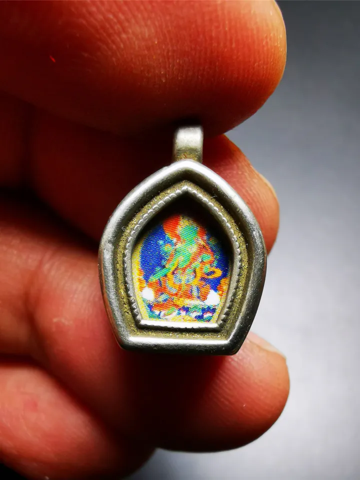 Gandhanra Antique Handmade Gau Ghau Shrine, Green Tara/Guru Rinpoche,Mini Size Tibetan Buddhist Altar Amulet Pendant,Made of White Copper
