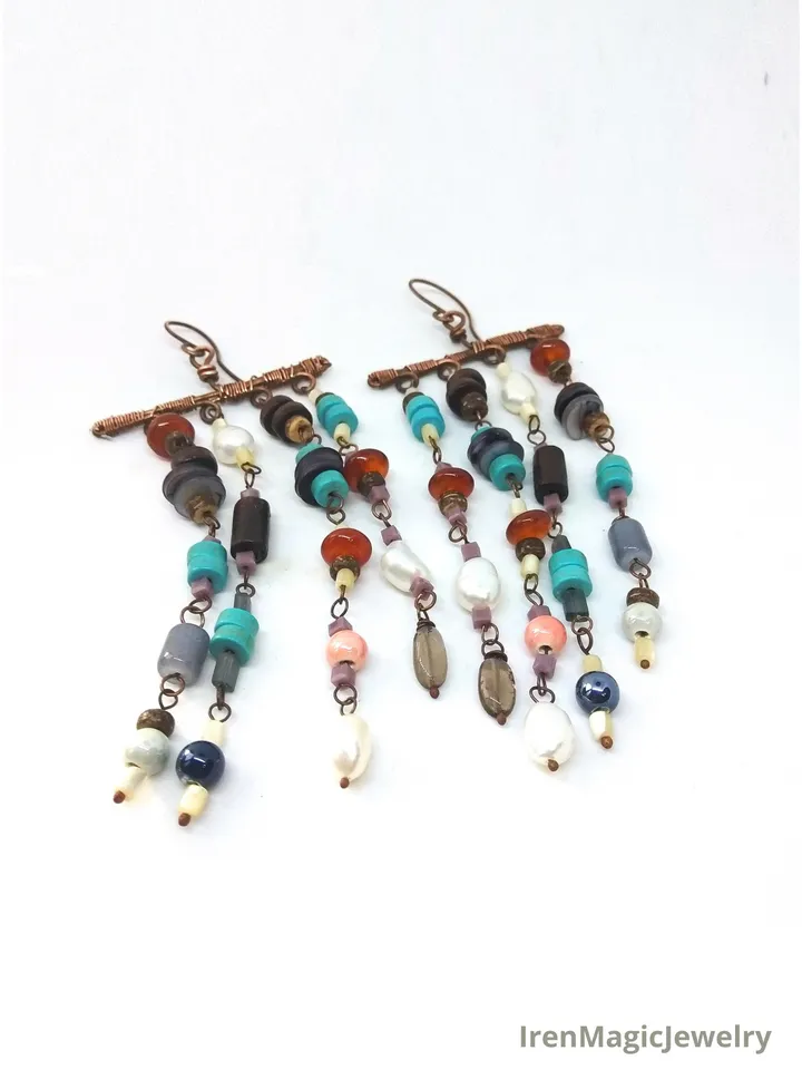 Long Copper Boho Earrings with Mixed Natural Beads