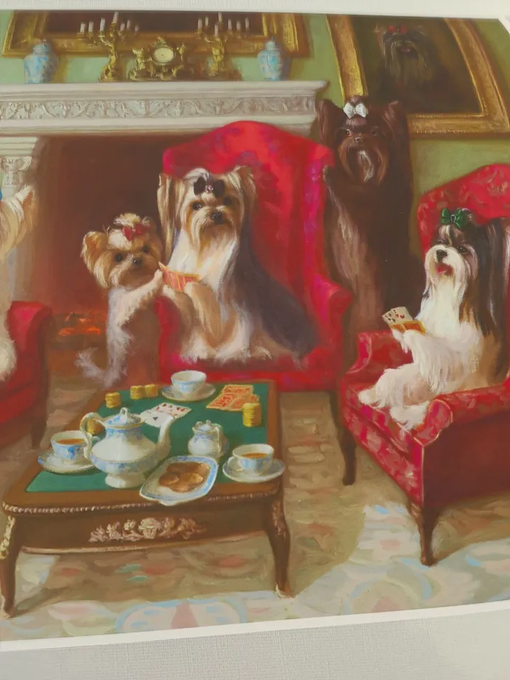 print of oil painting  dogs "Poker" Yorkshire Terriers