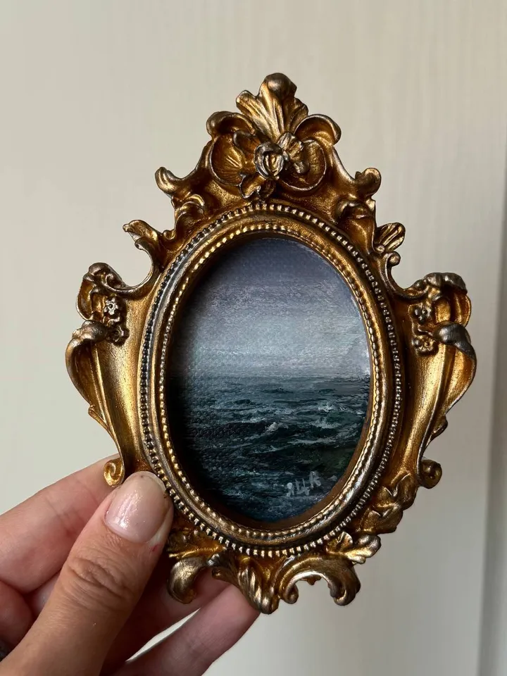 Small Landscape Painting Framed Original Storm Waves Antique Ocean Art Coastal Antique Frame Tiny Paintings 3 x 4 Art Victorian artwork