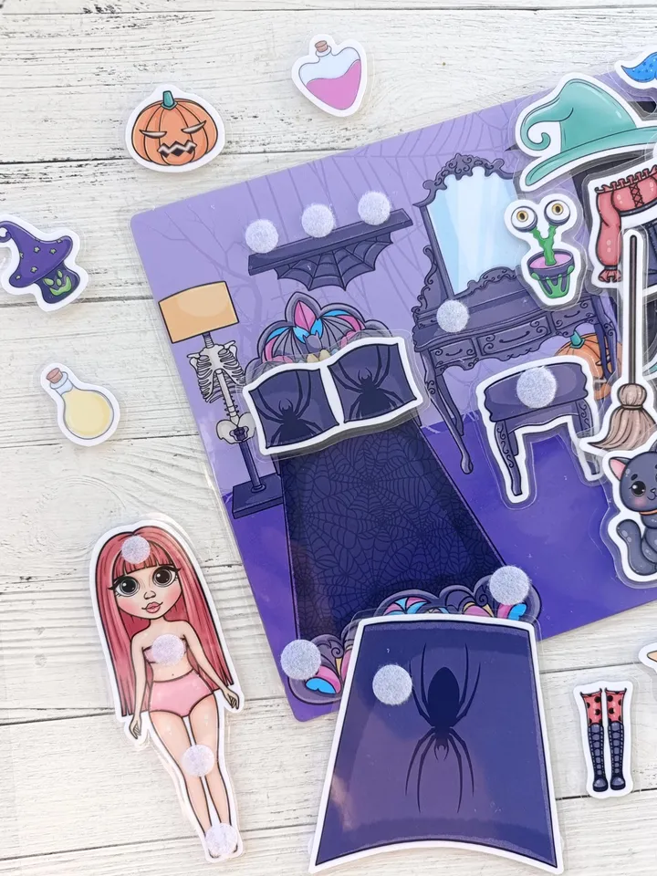 Printable Witch Paper doll with a set clothes, Halloween printable doll house, Blythe paper doll dress up, Busy book printable crafts kids