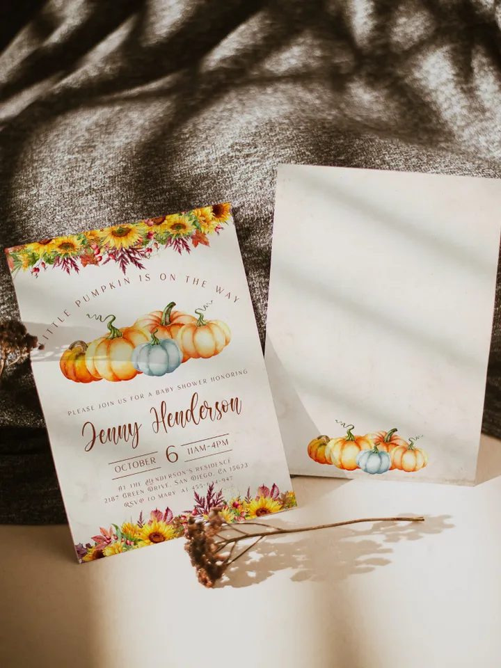 Little Pumpkin is on the way; Editable Autumn Pumpkin Baby Shower Invitation Template Canva; Fall 2022 Autumn Watercolor Pumpkin Invitation