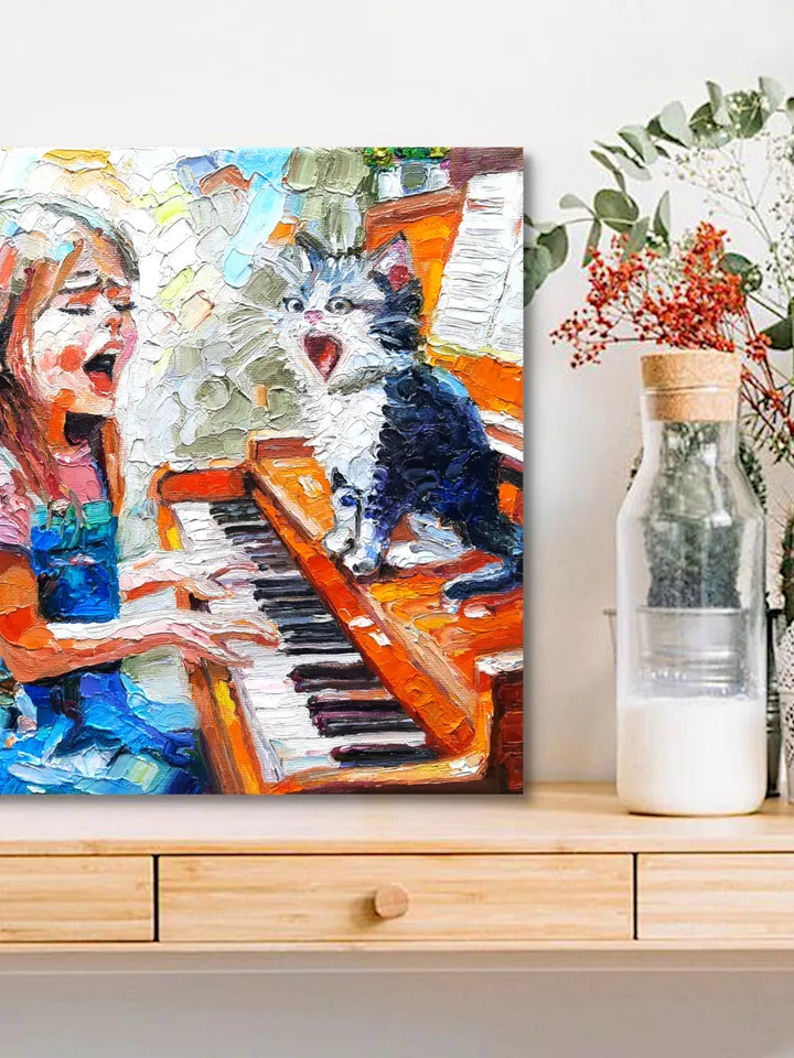 Girl and Cat Impasto Oil Art Original Oil Painting Oil on canvas