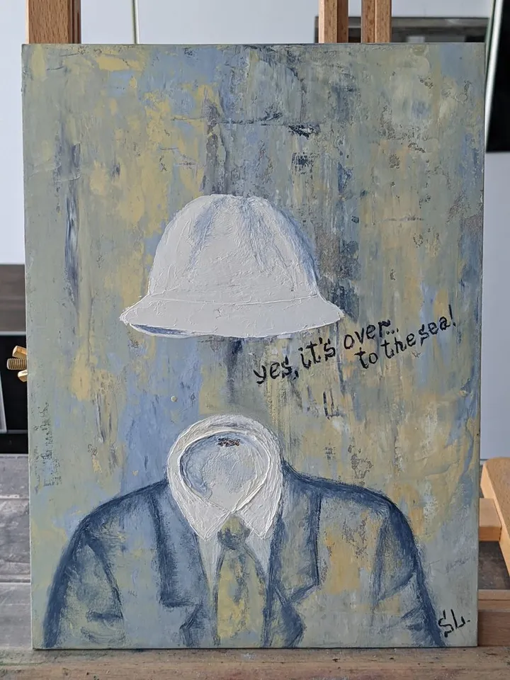 Oil painting man original art men suit with hat invisible man wall art cardboard 10x7 inches