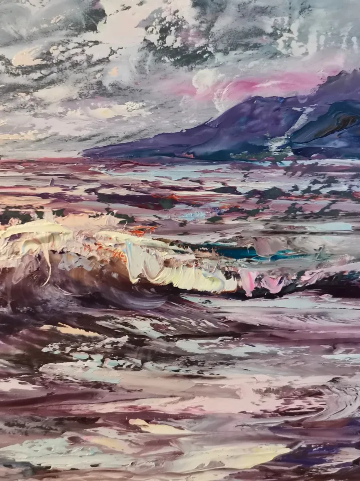 Moon Night Mountains Sea Wave Original Art Oil Painting Artist Svinar Oksana