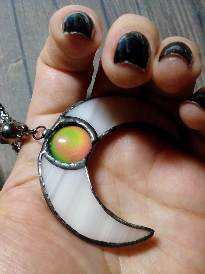 Stained glass moon, Mood stone crescent, Moon phase necklace, Stainglass crescent, Full moon