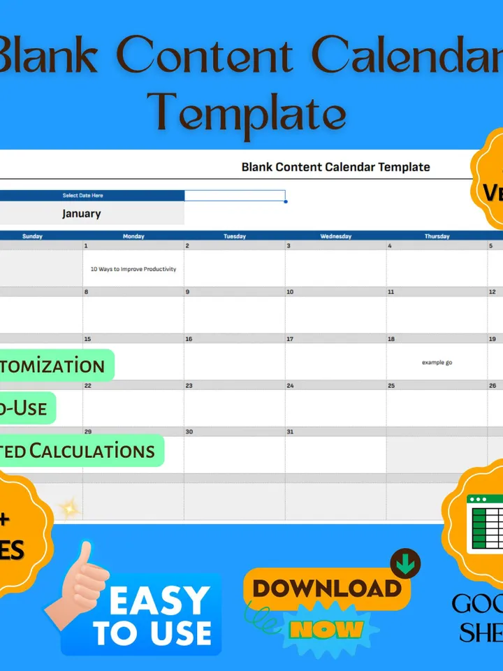 Blank Content Calendar Template, Undated Social Media Planner, Google Sheets Editorial Schedule, Digital Marketing Organizer