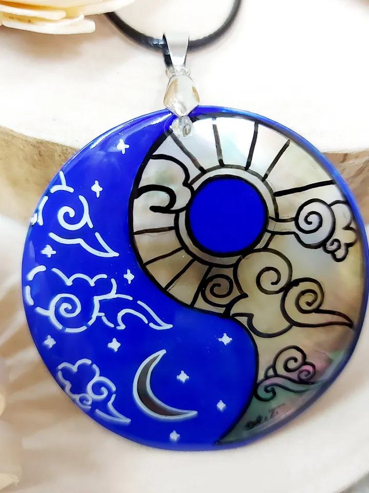 Mother-of-pearl Russian necklace with hand-painted pendant "Yin-Yang. Day-Night" Hand-painted Necklace Pendant