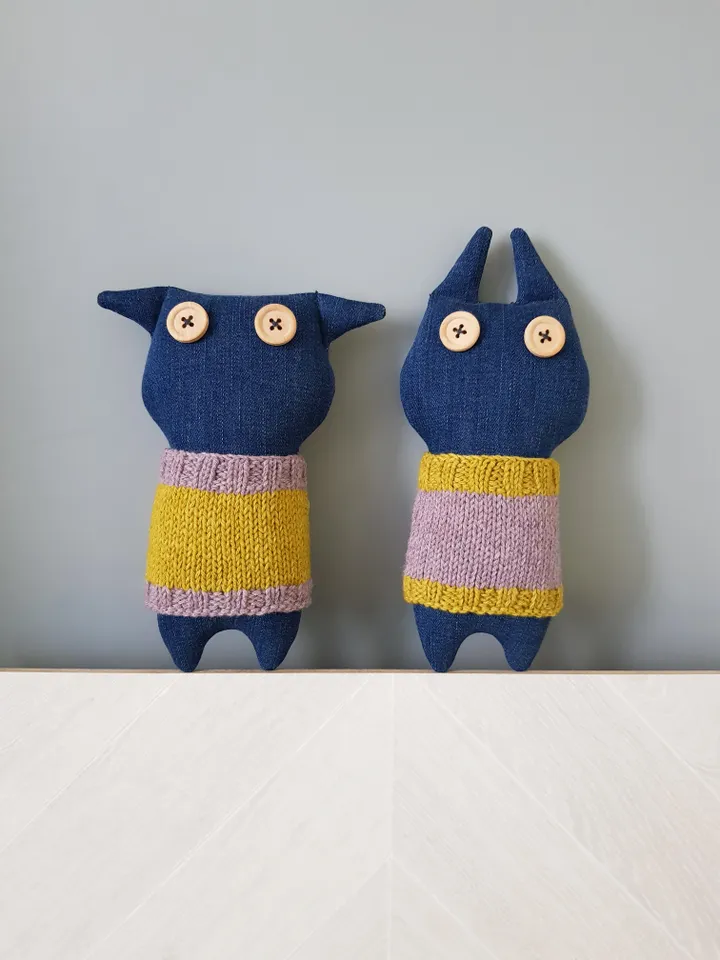 Stuffed animals patterns PDF for sewing and knitting Cat and Rabbit of denim, set of 2 tutorials