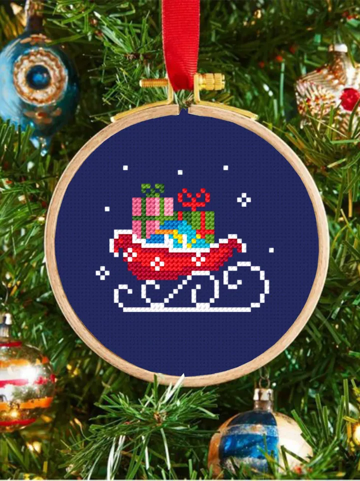 Santa sleigh cross stitch pattern download PDF Small Christmas pattern digital Winter embroidery PDF Mini tree ornaments DIY Home decor #N50