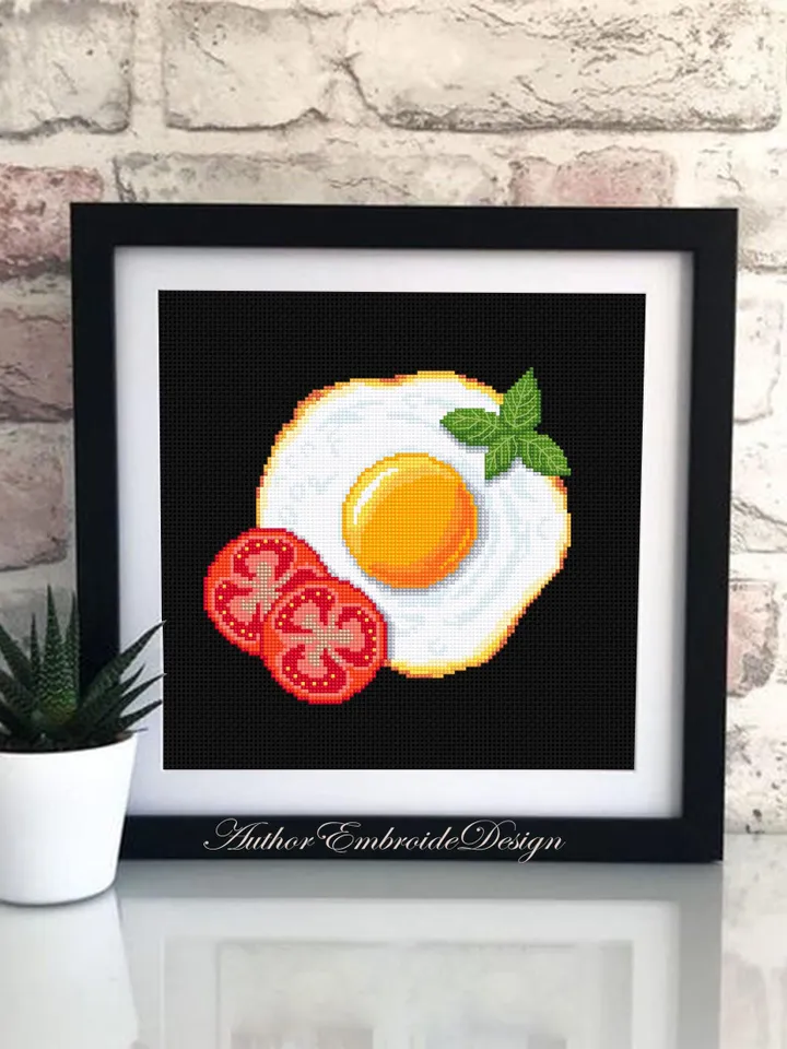 Fried egg with tomatoes cross stitch pattern PDF download Food cross stitch chart for beginners, Egg pattern digital PDF, Kitchen decor #F23