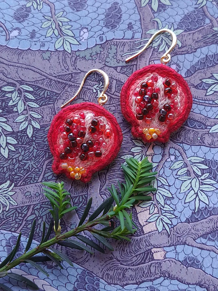 Pomegranate Earrings Handcrafted Jewelry Hand-Embroidered Unique Quirky Accessory Fruit Dangles Accessories Gift for Her