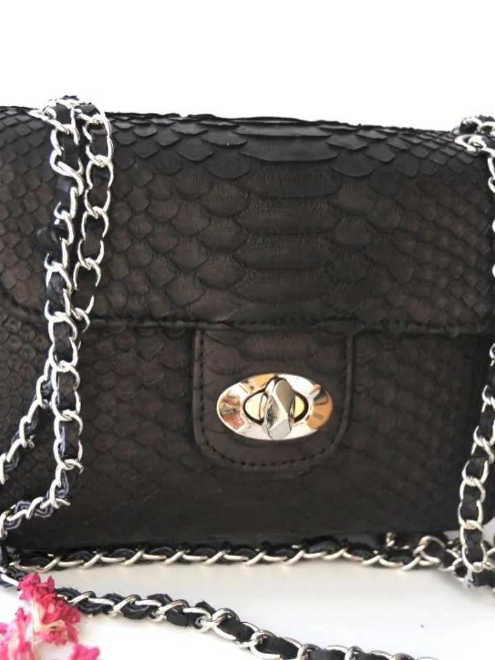 Genuine python skin adjustable chain crossbody black women classy MINI bag, classy evening bag, leather small black bag, black purse