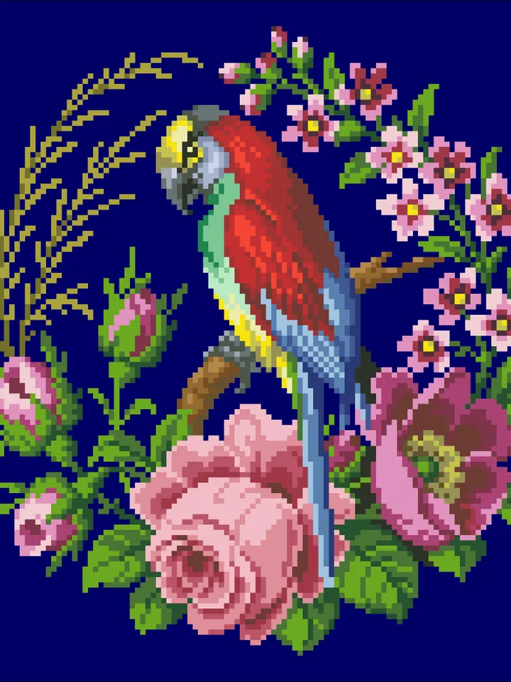Antique Cross Stitch Pattern Parrot with Flowers Digital Download PDF