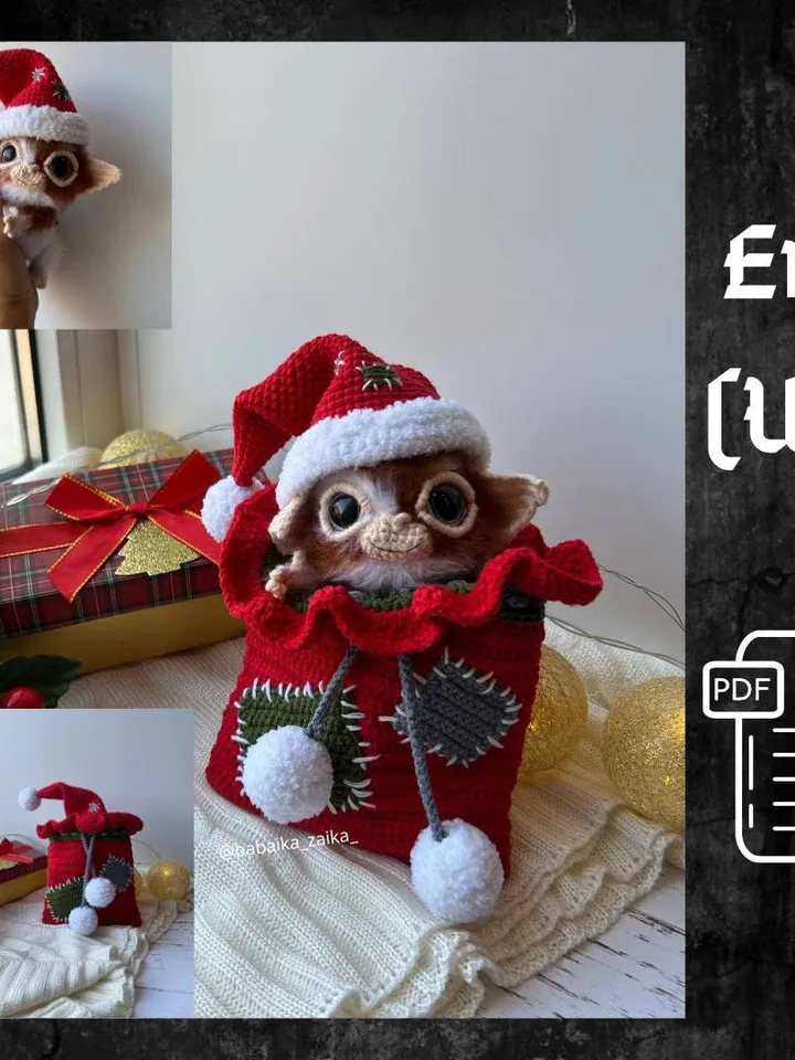 PDF Crochet Christmas Gizmo the Mogwai Pattern Gremlin Pattern Xmas Crochet Pattern, Amigurumi Xmas Christmas Bag Pattern Crochet Christmas