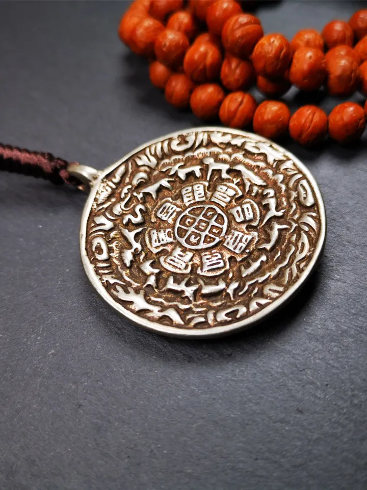 Gandhanra Acient Tibetan Buddhist Amulet,Kirtimukha Melong,Calendar Badge,SIPAHO(srid pa ho),Made of White Copper,1.7&quot;