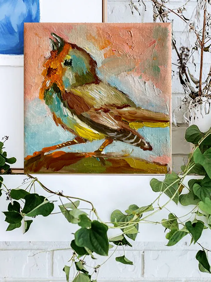 Robin Painting, Original Oil painting on Canvas, Tiny Bird art painting, Miniature Artwork