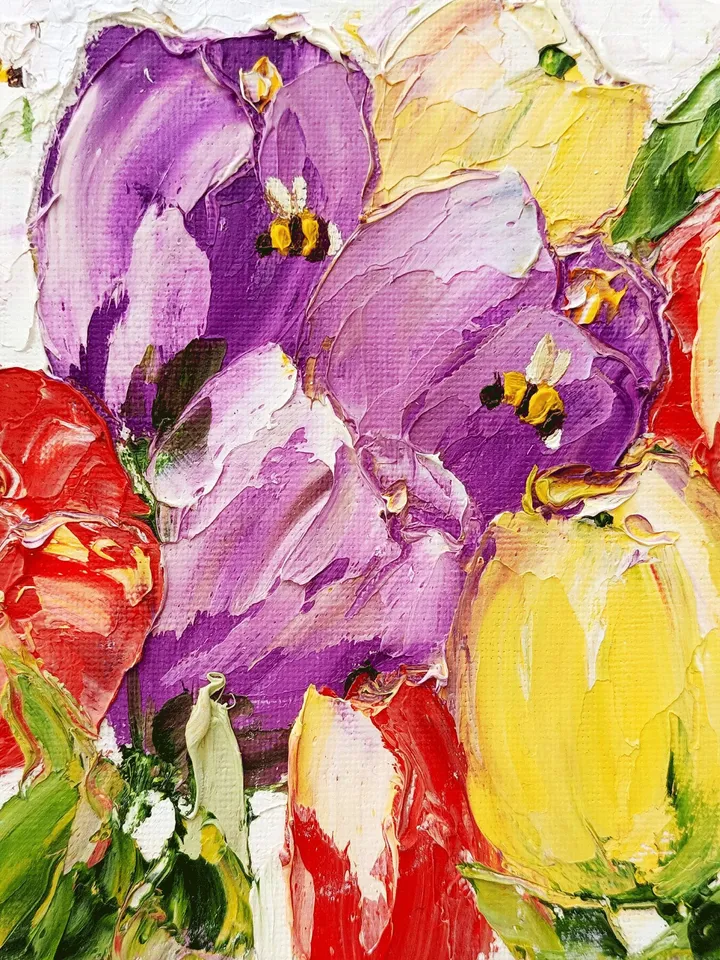 Tulip Painting Honeybee Original Art Floral Impasto Art Spring Gifts for Her Impasto Oil Painting by ArtProkopaloSv