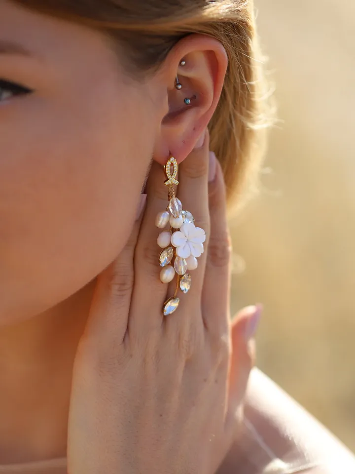Freshwater Pearl Rose Gold Wedding Earrings, Flower Bridal Earrings, Floral Wedding Earrings, Boho Wedding Earrings, CZ Gold Bridal Earrings