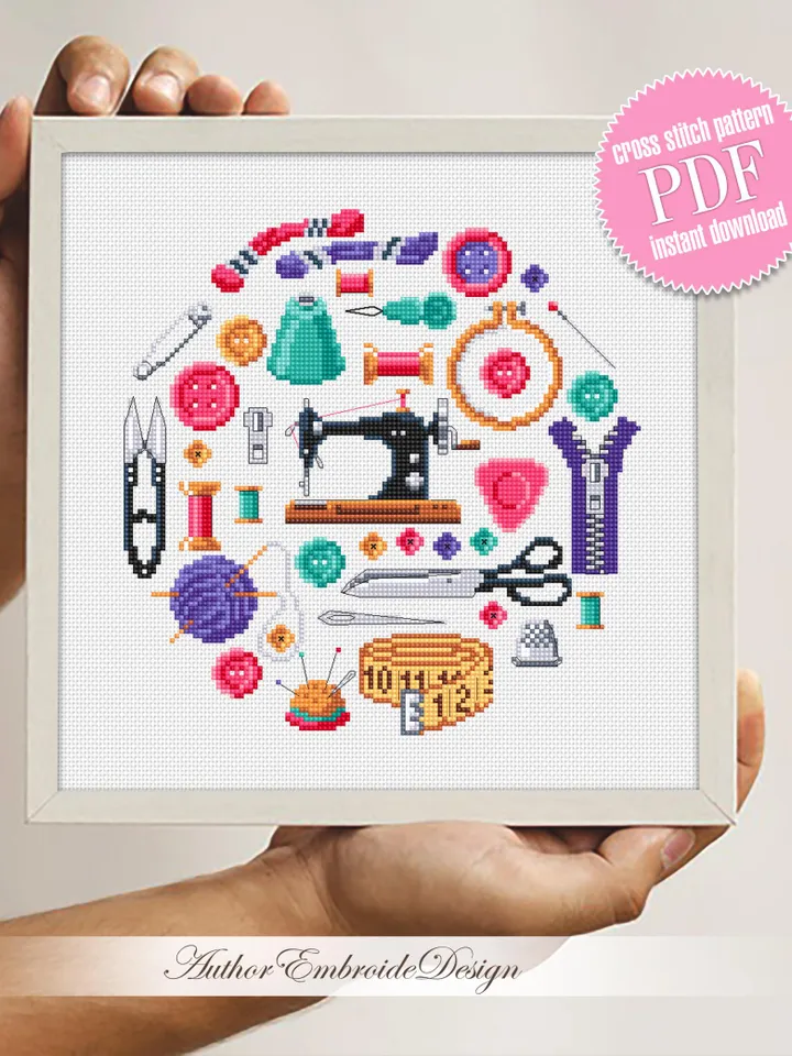 Sewing sampler cross stitch pattern PDF download Sewing accessories cross stitch chart, Simple pattern digital PDF, Sewing room decor #O22