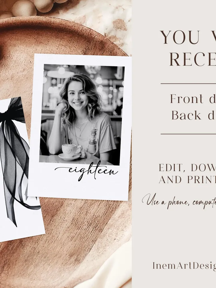 Coquette Black Bow 18th Invitation, Editable Eighteenth Birthday Party Invite, DIY Digital Black Ribbon, Cheers to Eighteen Invite