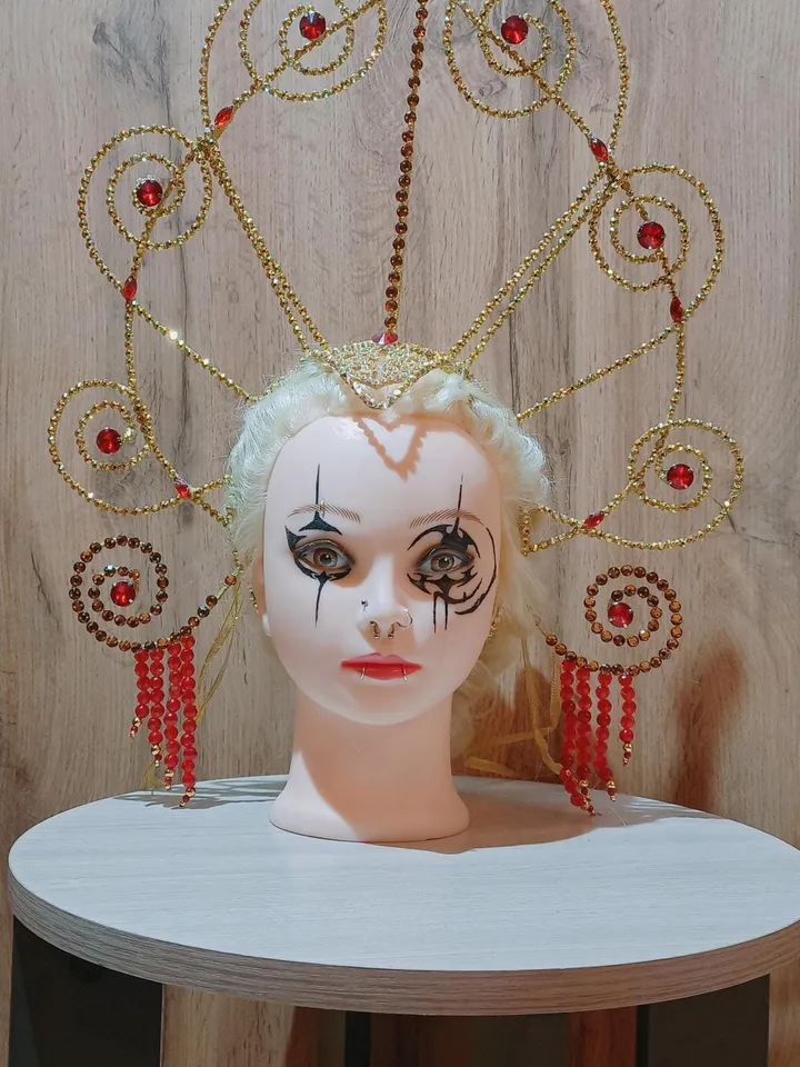 Golden Crystal Head,carnival crown,festival headdress,burlesque crown,golden headdress for girls from show, headdress for girls from cabaret