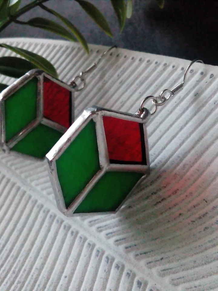 Cube earrrings, hexagon earrings, geometric earrrings, simple stained glass, green stained glass, honeycomb