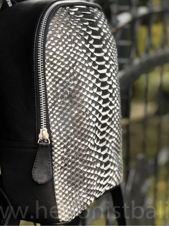 Genuine python skin small backpack | leather backpack black white snake| small designer rucksack | Exotic leather bags | Women handmade bags