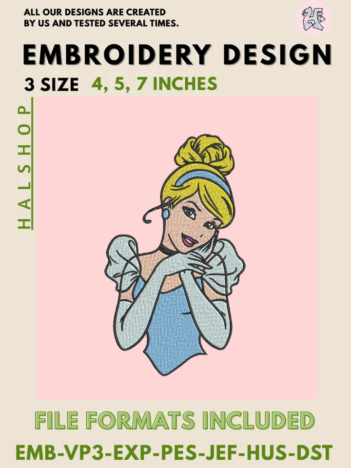 Cinderella Machine Embroidery Design – Disney Princess Digital Embroidery File 💙👠✨