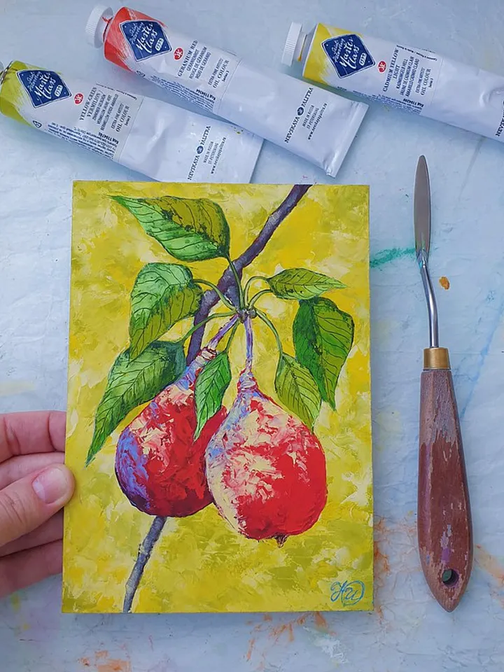 Pear Painting Fruit Original Art Food Wall Art Kitchen Small Oil Painting
