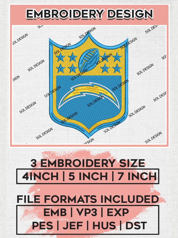 NFL Los Angeles Chargers Logo Embroidery Design Files, NFL Chargers Embroidery Designs, NFL Embroidery Designs, NFL Los Angeles Chargers Machine Embroidery Design, Digital Download