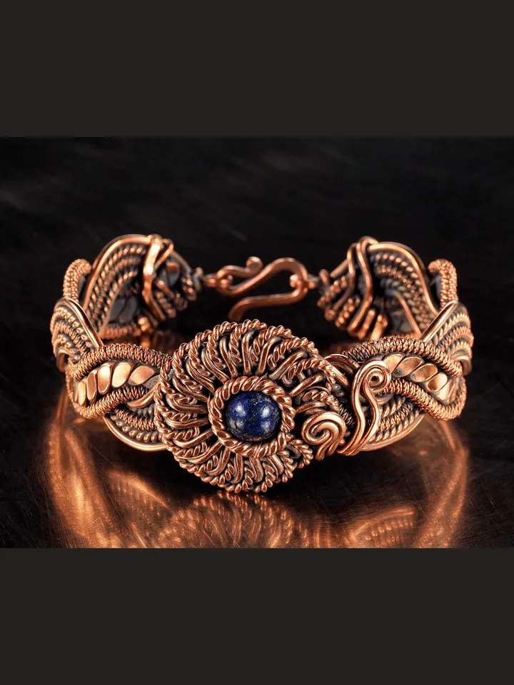 Copper wire wrapped Lapis lazuli bracelet for woman, Statement flower jewelry, 7th Anniversary gift for her woman, Unique copper jewelry, Braided Art Nouveau antique style bracelet, Oxidized pure copper, Handmade