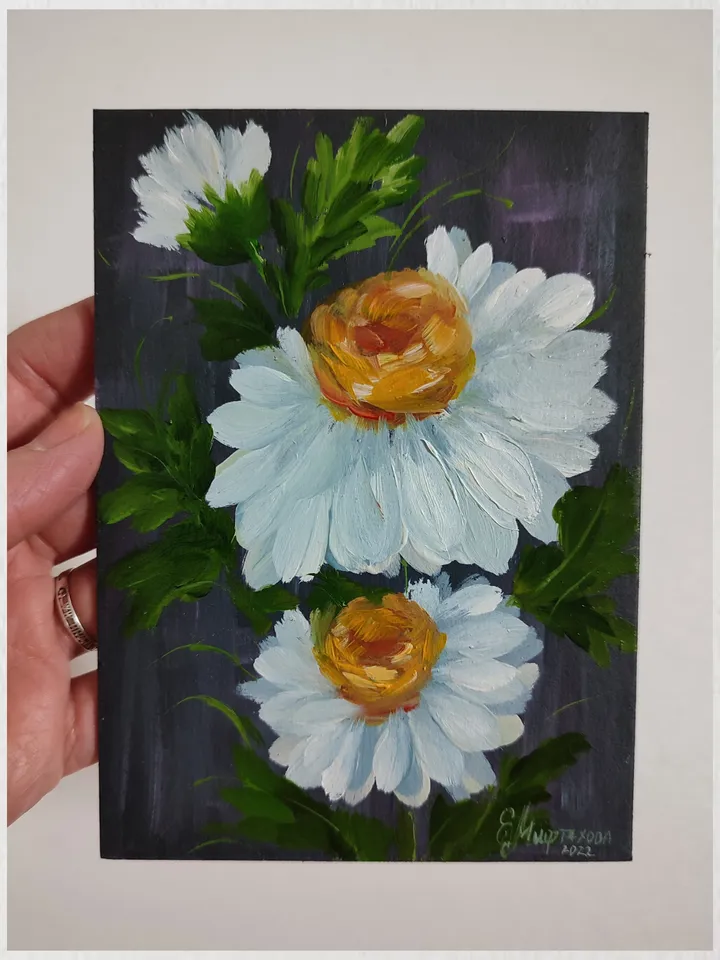 White Daisies Painting Original Art Daisies Flowers Painting White Flowers Landscape Art Floral Art Impasto Oil Painting 4 by 6